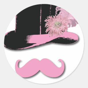 Pegatina Redonda bigote rosado, sombrero de punta, plumas y flor