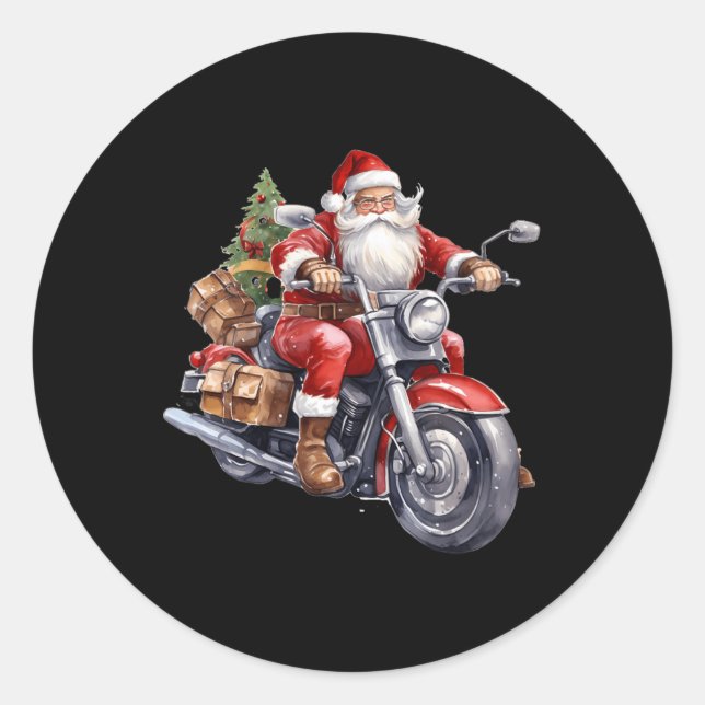 Pegatina Redonda Biker Santa Claus En Motocicleta Divertidos Navida (Anverso)