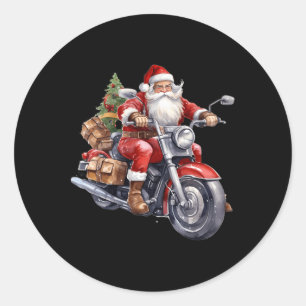 Pegatina Redonda Biker Santa Claus En Motocicleta Divertidos Navida