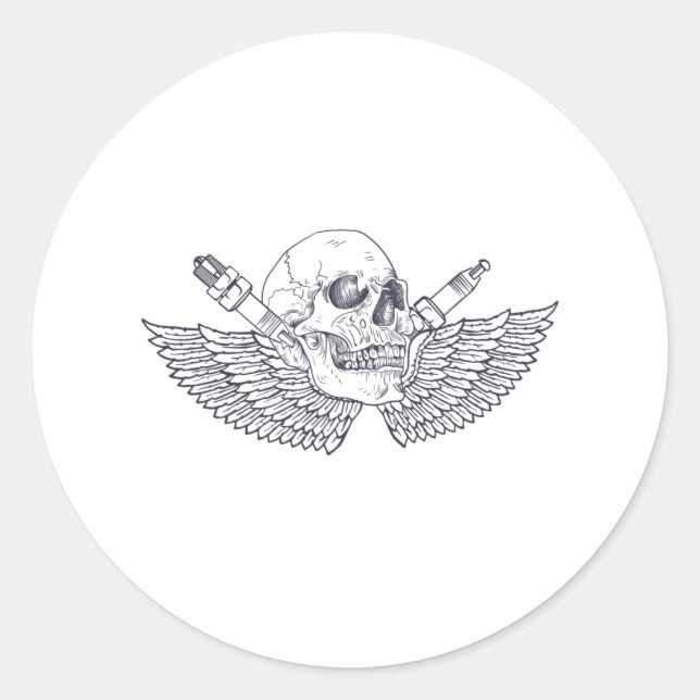 Pegatina Redonda Biker Skull Head Beard Helmet Tattoo Guay Biciclet (Anverso)