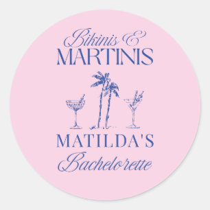 Pegatina Redonda Bikinis y martinis Elegante rosa azul despedida de
