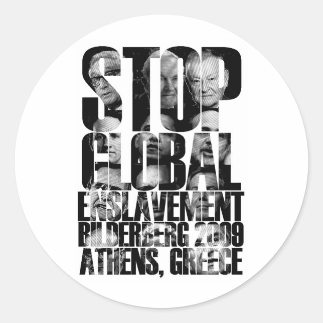 Pegatina Redonda Bilderberg (ANTI-guerra de NWO) (Anverso)