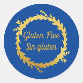 Pegatina Redonda Bilingüe Azul Dorado Sin Gluten - Gluten Free