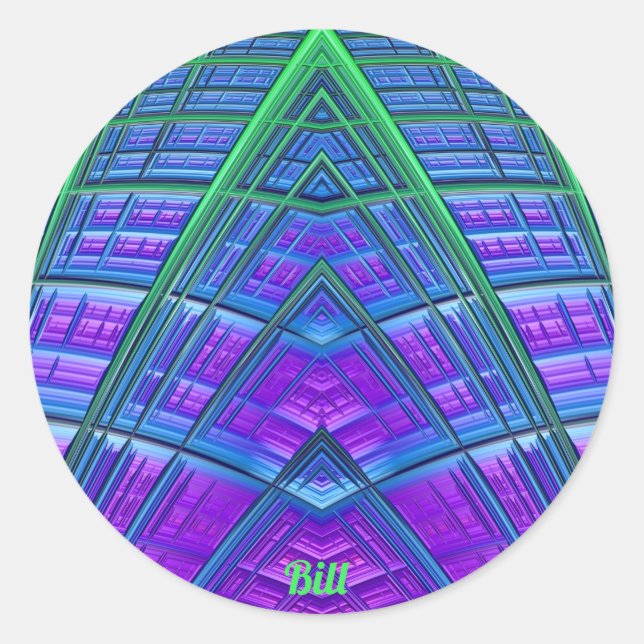 Pegatina Redonda ¡BILL ~ Guay! Geométrico verde azul púrpura ~ (Anverso)