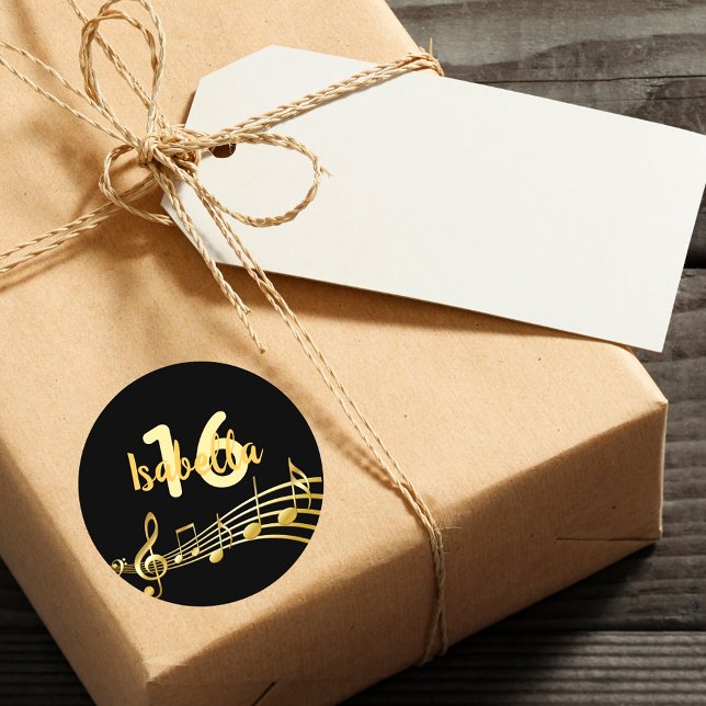 Pegatina Redonda Billetes de oro de 16 años sobre negro elegante (Subido por el creador)