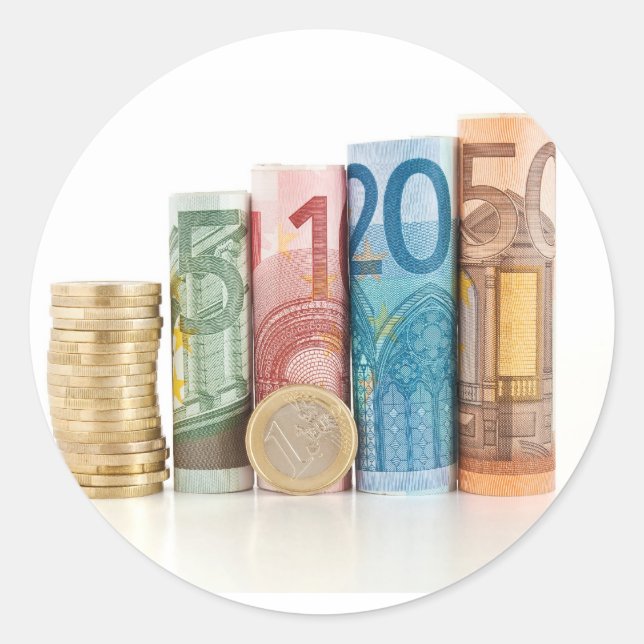 Pegatina Redonda billetes y monedas en euros (Anverso)