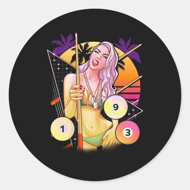 Pegatina Redonda Billiard Chica Vaporwave 80's 90s Snooker Pool (Anverso)