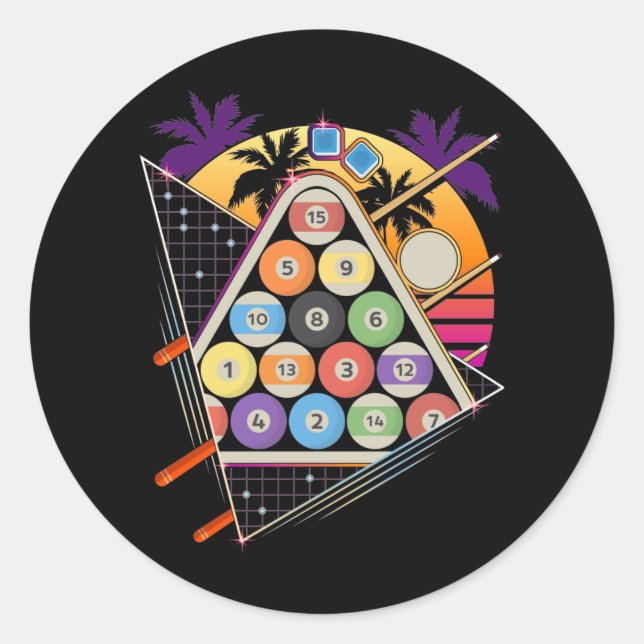 Pegatina Redonda Billiard Vaporwave 80's 90s Snooker Pool Player (Anverso)