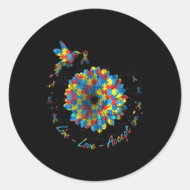 Pegatina Redonda Bird Flower Ribbon Puzzle Live Love Acepta Autismo (Anverso)