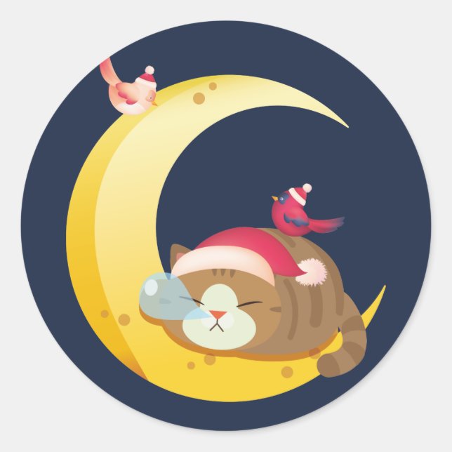 Pegatina Redonda Bird Moon Sleeping Kitten Cat Holiday (Anverso)