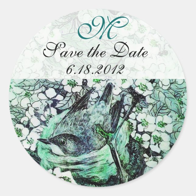 Pegatina Redonda BIRD NEST Save the Date Monogram,White Green (Anverso)