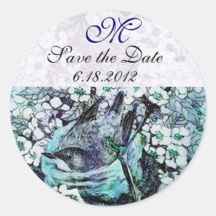 Pegatina Redonda BIRD NEST Save the Date Monogram,White Verde azula