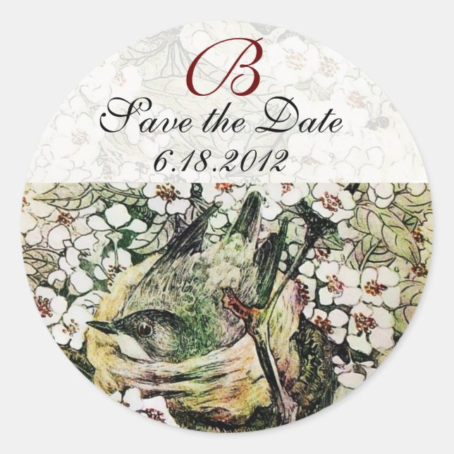 Pegatina Redonda BIRD NEST Save The Date Monogram,White Yellow (Anverso)