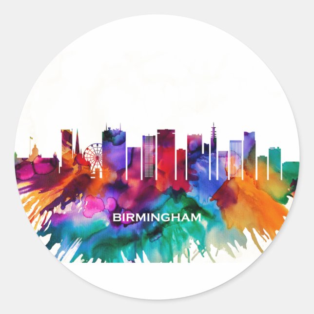 Pegatina Redonda Birmingham Skyline (Anverso)