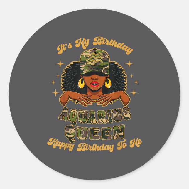 Pegatina Redonda Birthday Aquarius Queen Camo Black Woman African Z (Anverso)