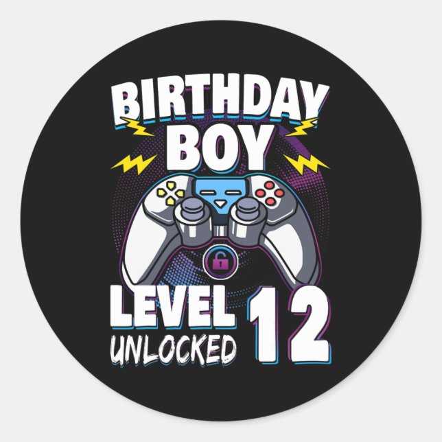 Pegatina Redonda Birthday Boy Level 12 Unlocked Video Game 12th (Anverso)