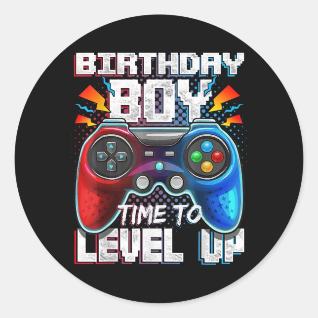 Pegatina Redonda Birthday Boy Time Gamer Level Up Video Game (Anverso)