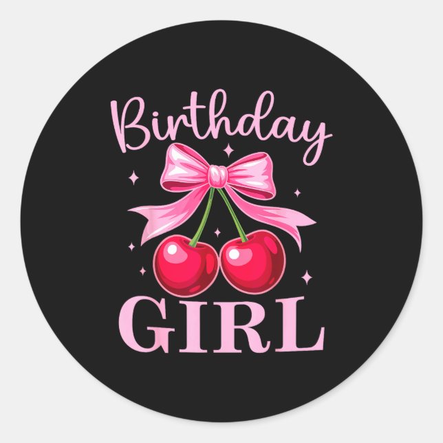 Pegatina Redonda Birthday Girl Coquette Bow Cherry Birthday Girls W (Anverso)