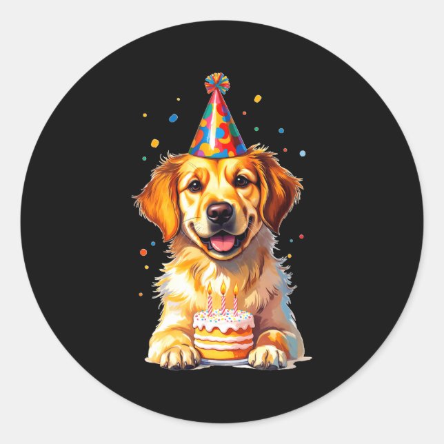 Pegatina Redonda Birthday Golden Retriever, Party Dog  (Anverso)