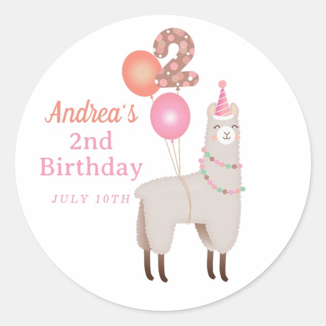 Pegatina Redonda Birthday Llama (Anverso)