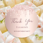 Pegatina Redonda Birthday Party rose gold pink glitter Thank You<br><div class="desc">A sticker for a girly and glamorous 50th (or any age) birthday party. A faux rose gold metallic looking background with an elegant faux rose gold and pink glitter drips, paint drip look. The text: Thank You is written in dark rose gold with a large modern hand lettered style script....</div>