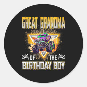Pegatina Redonda Bisabuela del Niño Cumpleañero Camión Monstruo Bi