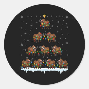 Pegatina Redonda Bison Animal Santa Hat Ugly Christmas Tree Light