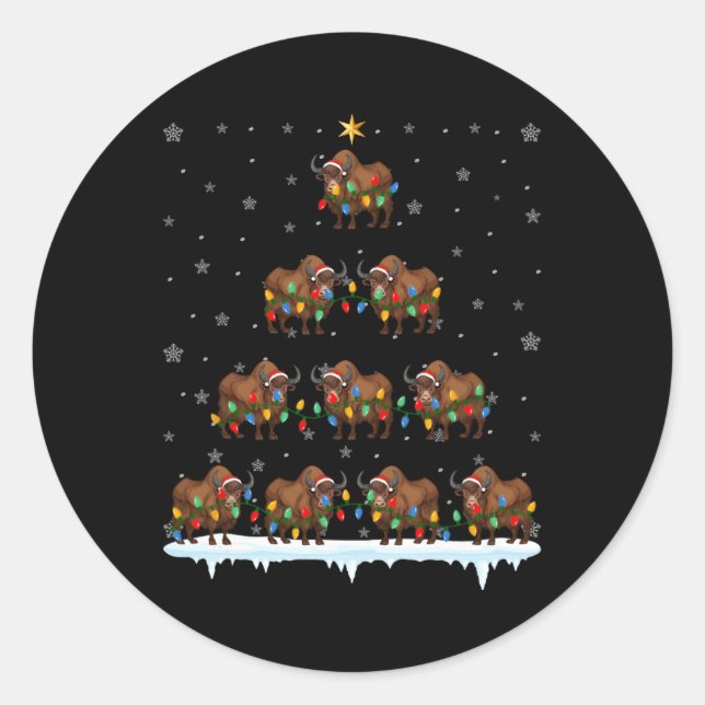 Pegatina Redonda Bison Animal Santa Hat Ugly Christmas Tree Light (Anverso)