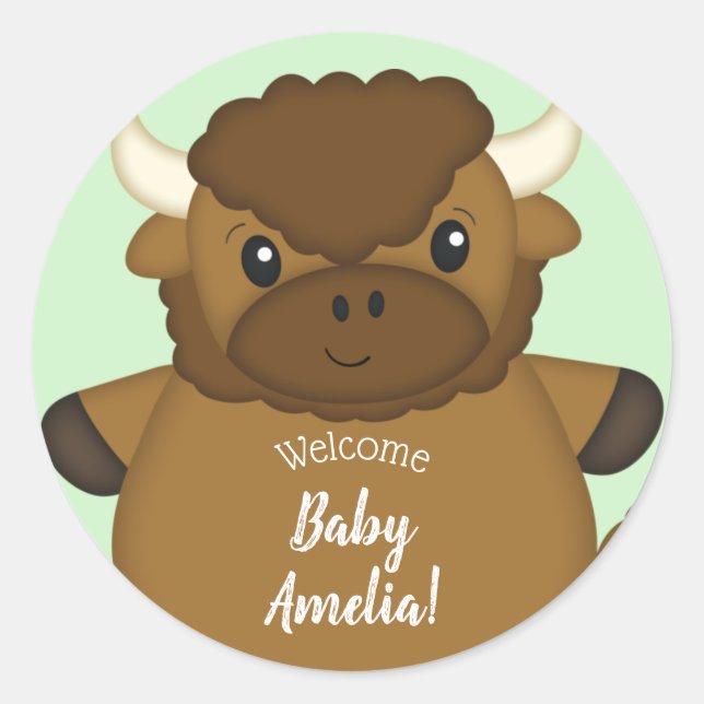 Pegatina Redonda Bison Buffalo Baby Shower (Anverso)