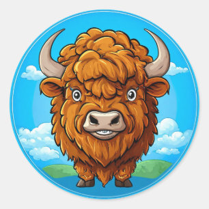Pegatina Redonda Bison de dibujos animados lindo