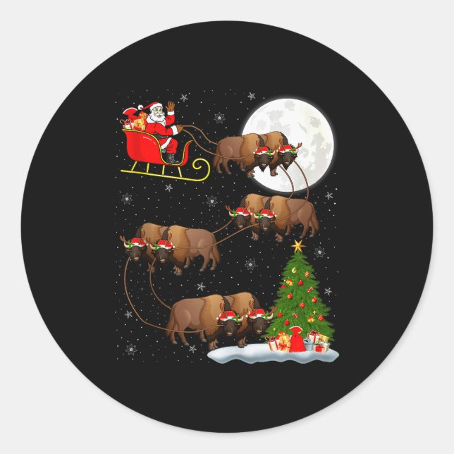 Pegatina Redonda Bison Santa Sleigh Flying Funny Magical Christmas  (Anverso)