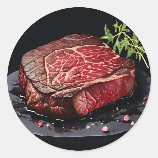 Pegatina Redonda Bistec de Costilla Crudo Vista Cercana (Anverso)