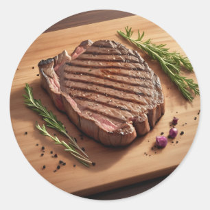 Pegatina Redonda Bistec Ribeye a la Parrilla con Romero