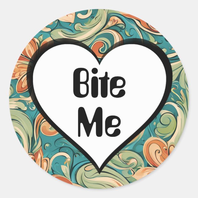 Pegatina Redonda Bite Me Funny Heart Swirly Retro Design (Anverso)