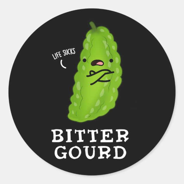 Pegatina Redonda Bitter Gourd Funny Veggie Pun Dark BG (Anverso)