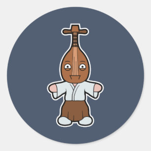 Pegatina Redonda Biwa-bokuboku, el Yokai con la cabeza de Lute