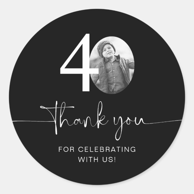 Pegatina Redonda Black 40th Birthday Gracias (Anverso)