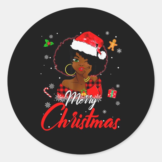 Pegatina Redonda Black African Girl American Melanin Christmas Sant (Anverso)