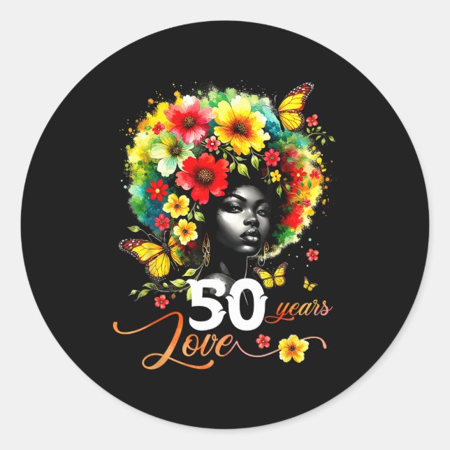 Pegatina Redonda Black Afro Queen 50 Years Love 50th Birthday Butte (Anverso)