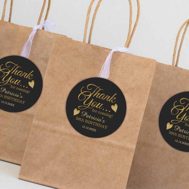 Pegatina Redonda Black And Gold 50th Birthday Gracias (Black And Gold 50th Birthday Thank You Classic Round Sticker Party favor stickers)