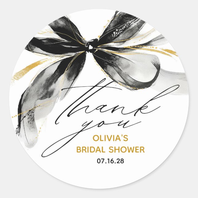 Pegatina Redonda Black and Gold Bow Chic Whimsical Bridal Shower (Anverso)