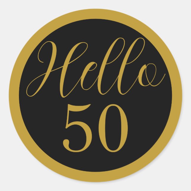Pegatina Redonda Black and Gold Hello 50 Birthday Design (Anverso)