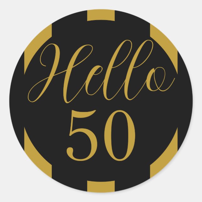 Pegatina Redonda Black and Gold Hello 50 Celebration Design (Anverso)