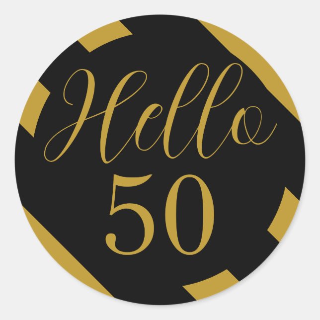 Pegatina Redonda Black and Gold Hello 50 Diagonal Stripe (Anverso)