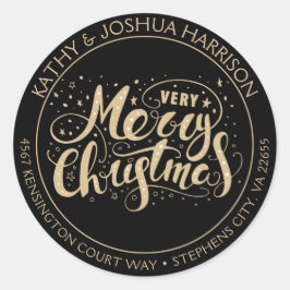 Pegatina Redonda Black and Gold Muy Merry Christmas Return Address
