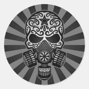 Pegatina Redonda Black and Grey Post Apocalyptic Sugar Skull