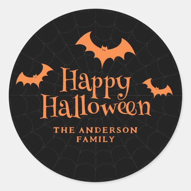 Pegatina Redonda Black and Naranja Bat Happy Halloween (Anverso)