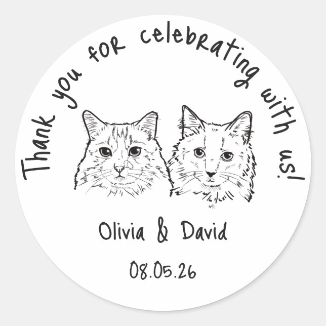 Pegatina Redonda Black and White Cute Cats Wedding Favor (Anverso)