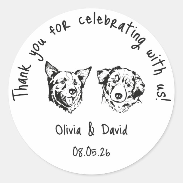 Pegatina Redonda Black and White Cute Dogs Wedding Favor (Anverso)