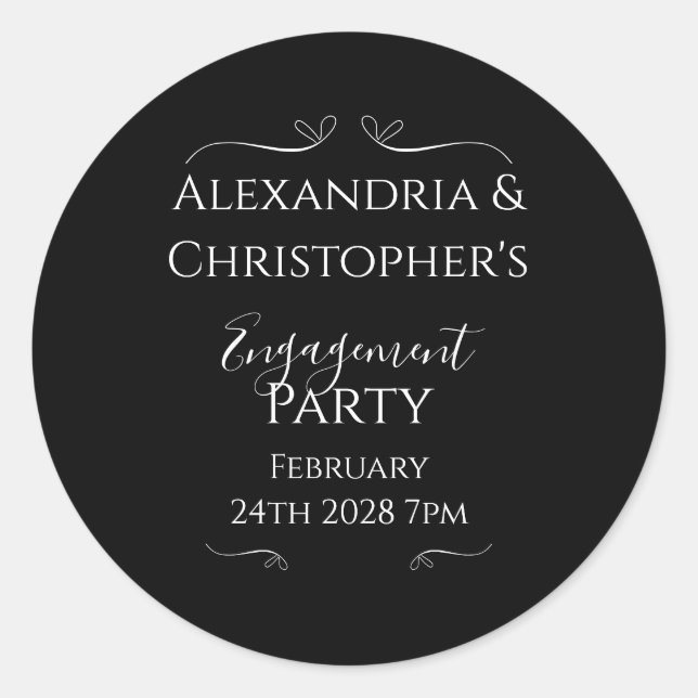 Pegatina Redonda Black and White Elegant Script Engagement Party (Anverso)